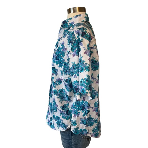 Vintage 90s floral print button down short sleeve shirt white blue M - Picture 2 of 16